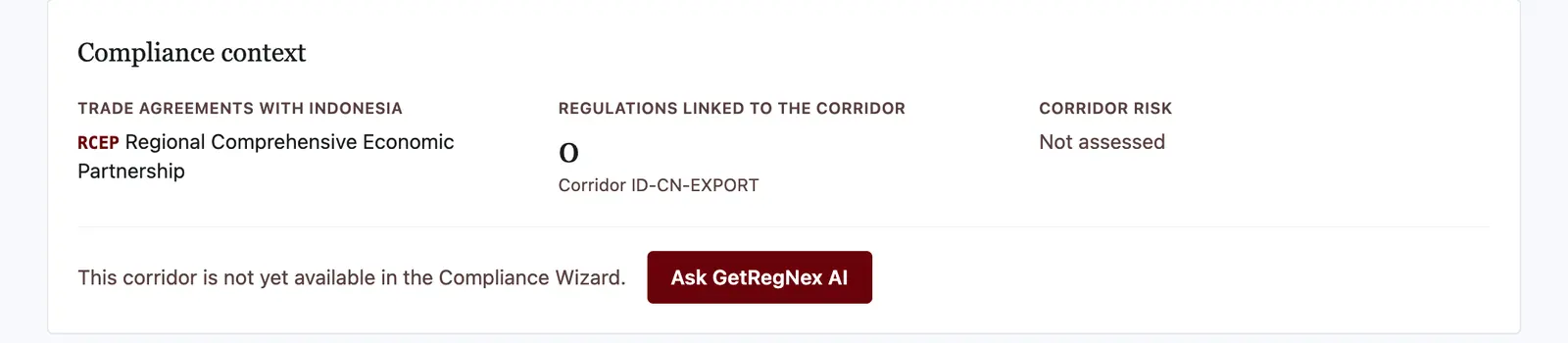 Compliance context for the Indonesia–China corridor: RCEP agreement, corridor regulations, and risk level